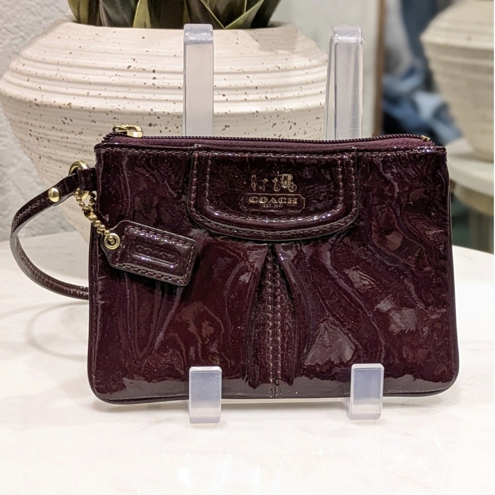 Coach Madison Patent Leather Wristlet Burgundy Plum Pleated Clutch